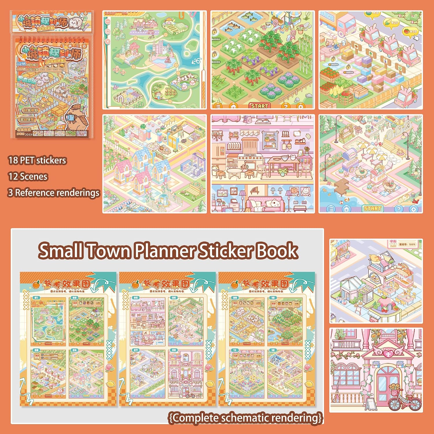 Little Town Planner 2.5D Sticker Scene Book – 12 Themed Backgrounds + 18 PET Stickers, Coil Bound DIY Landscape Craft Kit for Stress Relief, Adults & Teens image 5