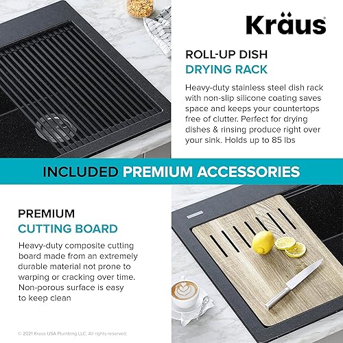 Vista 6 de KRAUS Bellucci Workstation 33" Single Bowl Granite Kitchen Sink in Metallic Black w/Accessories, KGTW2-33MBL, Includes Dish Drainer/Dish Drying Rack