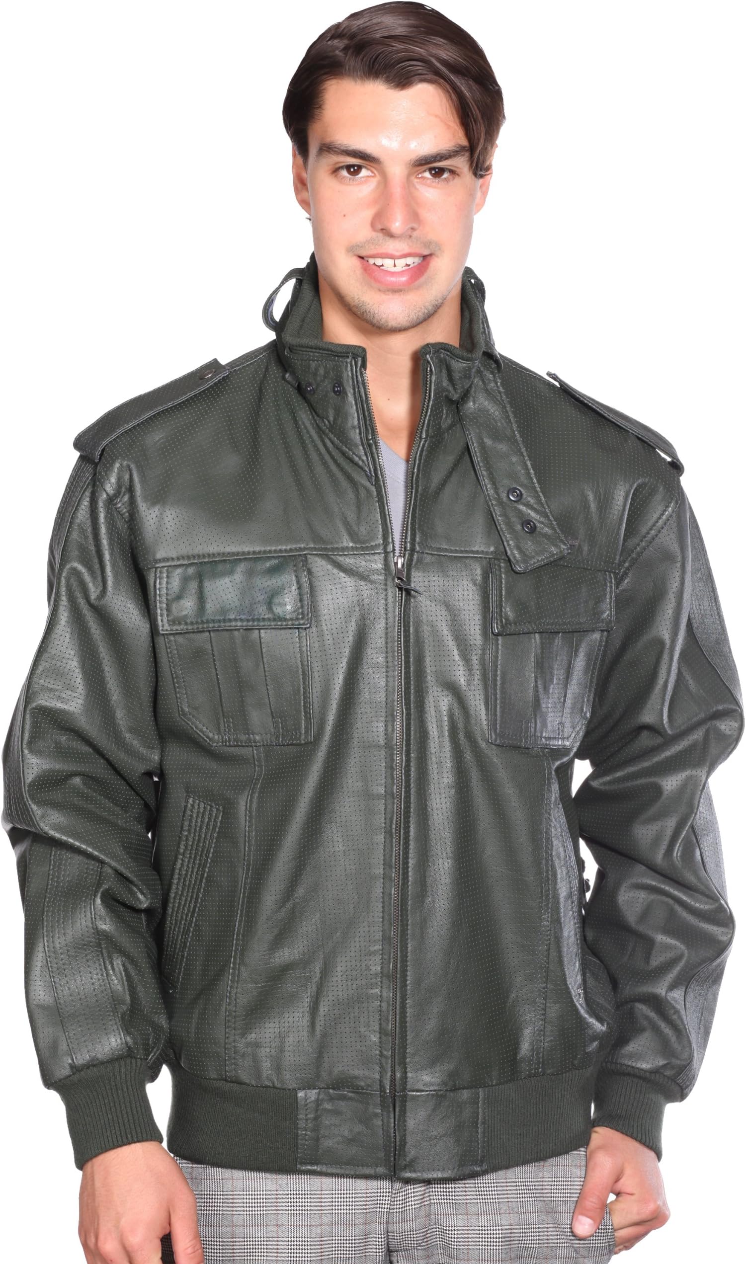 Live Mechanics Victory Perforated Leather Jacket-RifleGreen