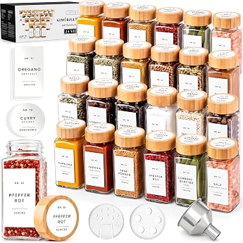 Edelhaus Spice Jars Square Set 24 x 120 ml with Bamboo Lid 240 Labels