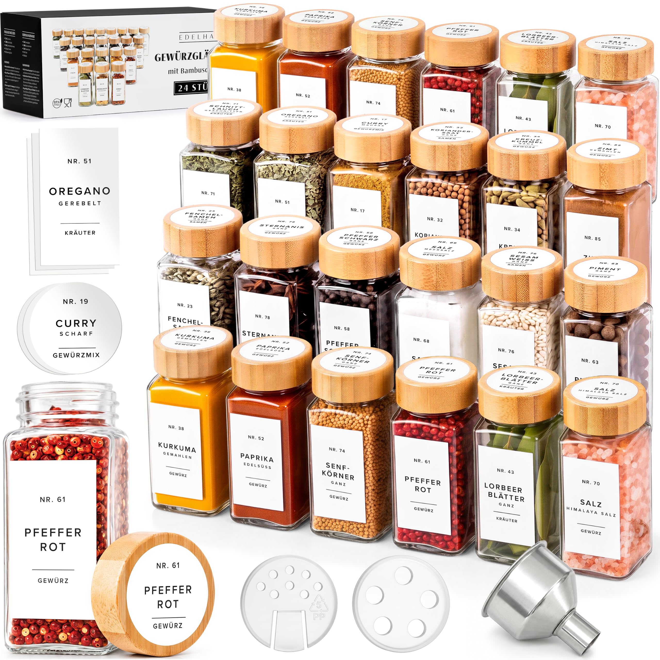 EDELHAUS Gewürzgläser Eckig Set 24x120ml mit Bambusdeckel, 240 Etiketten | Luftdichte Gewürzbehälter mit Streueinsatz, 240 Etiketten Weiß – Gewürzdosen, Gewürz Organizer Schublade, Trichter & Bürste