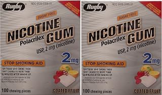 Nicotine Gum 2mg Sugar Free Coated Fruit Generic for Nicorette 100 Pieces per Box Pack of 2 Total 200 Pieces