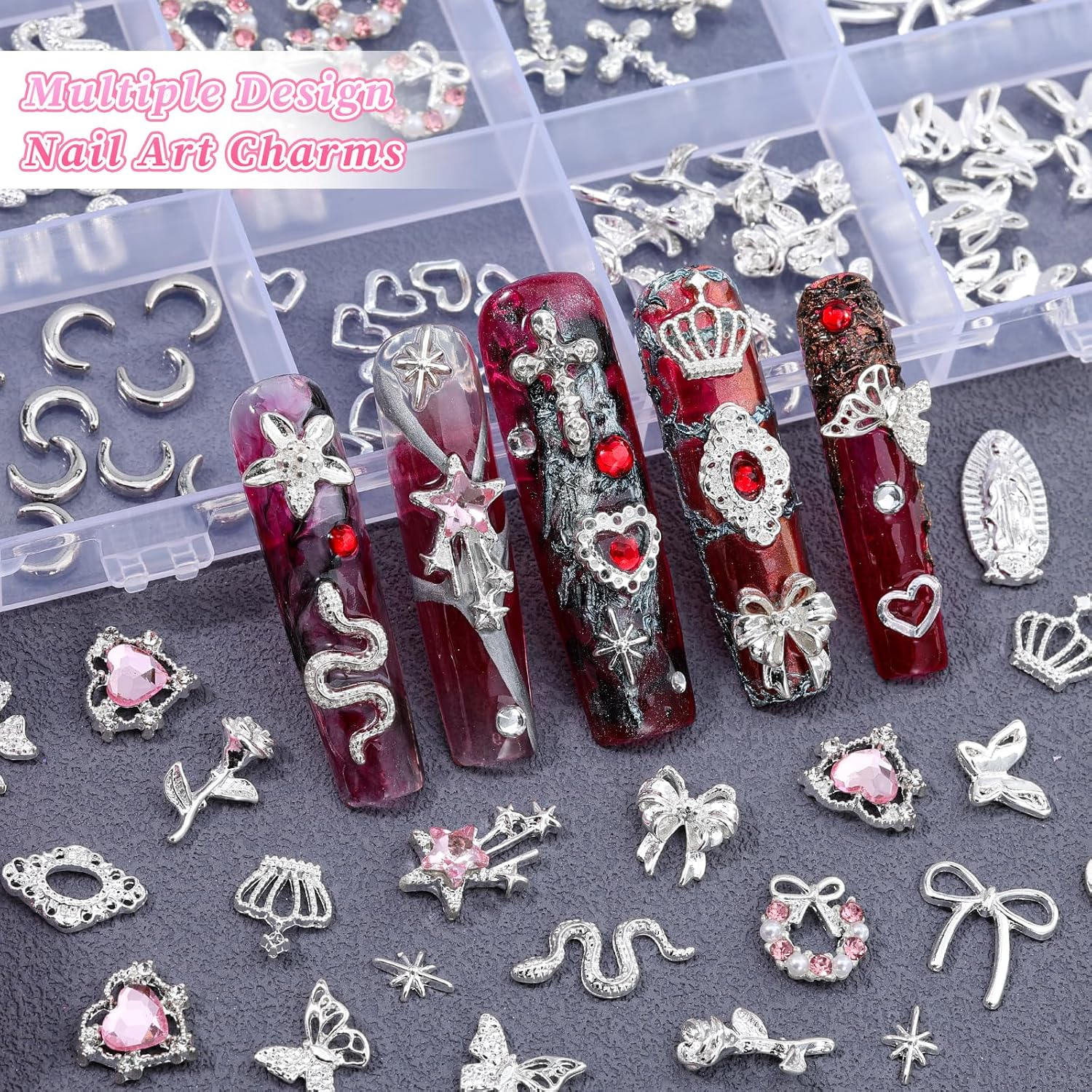 220Pcs Silver Nail Charms, 24 Styles 3D Cross Nail Charms Pink Heart Nail Rhinestones Bow Butterfly Star Crown and Virgin Mary Y2K Shiny Jewelry with Tweezer for Nail Art Supplies