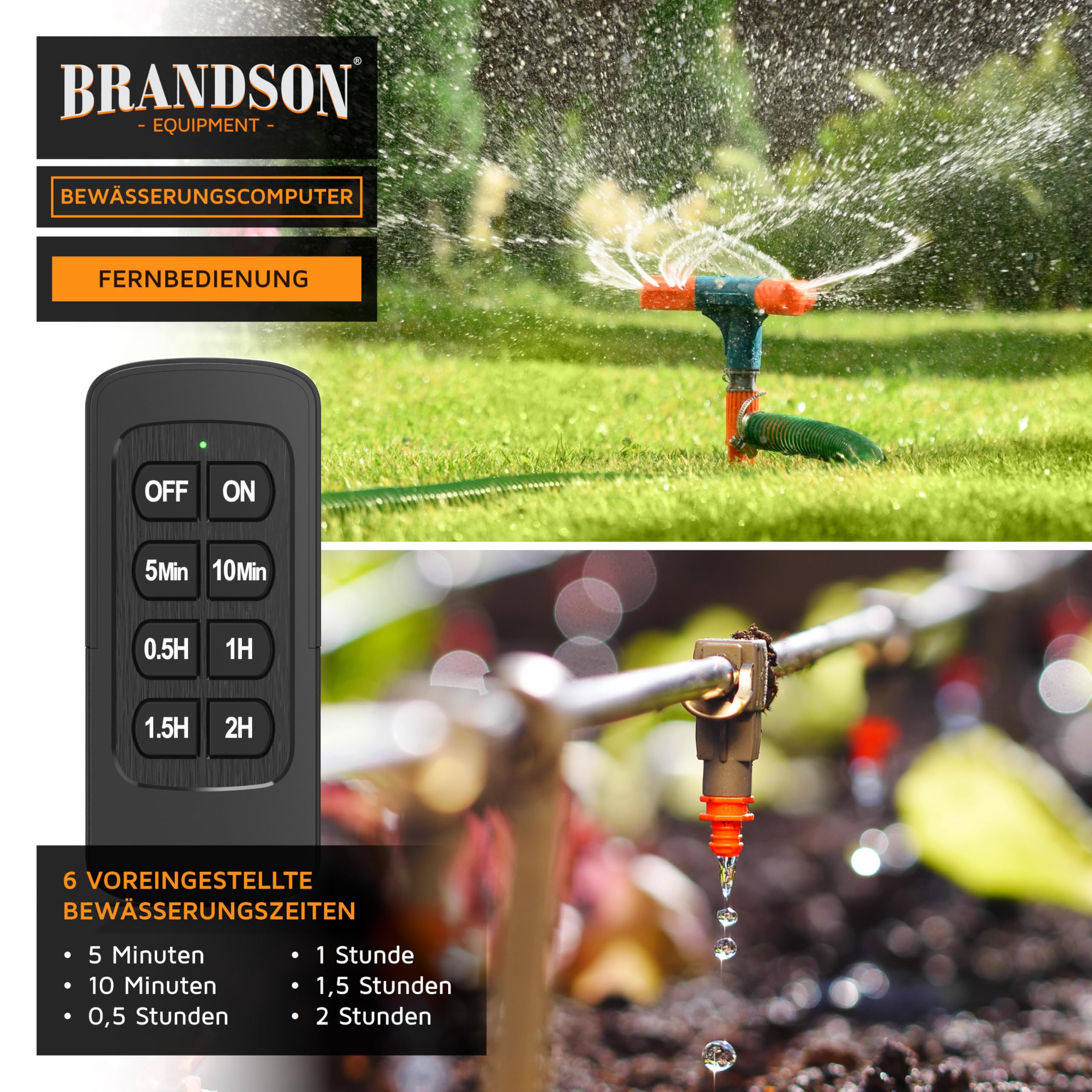 Brandson – Funk Bewässerungscomputer mit Fernbedienung – funkgesteuerter Bewässerungstimer – automatische Gartenbewässerung – 6 Voreinstellungen – Bewässerung für Balkon Garten Terrasse