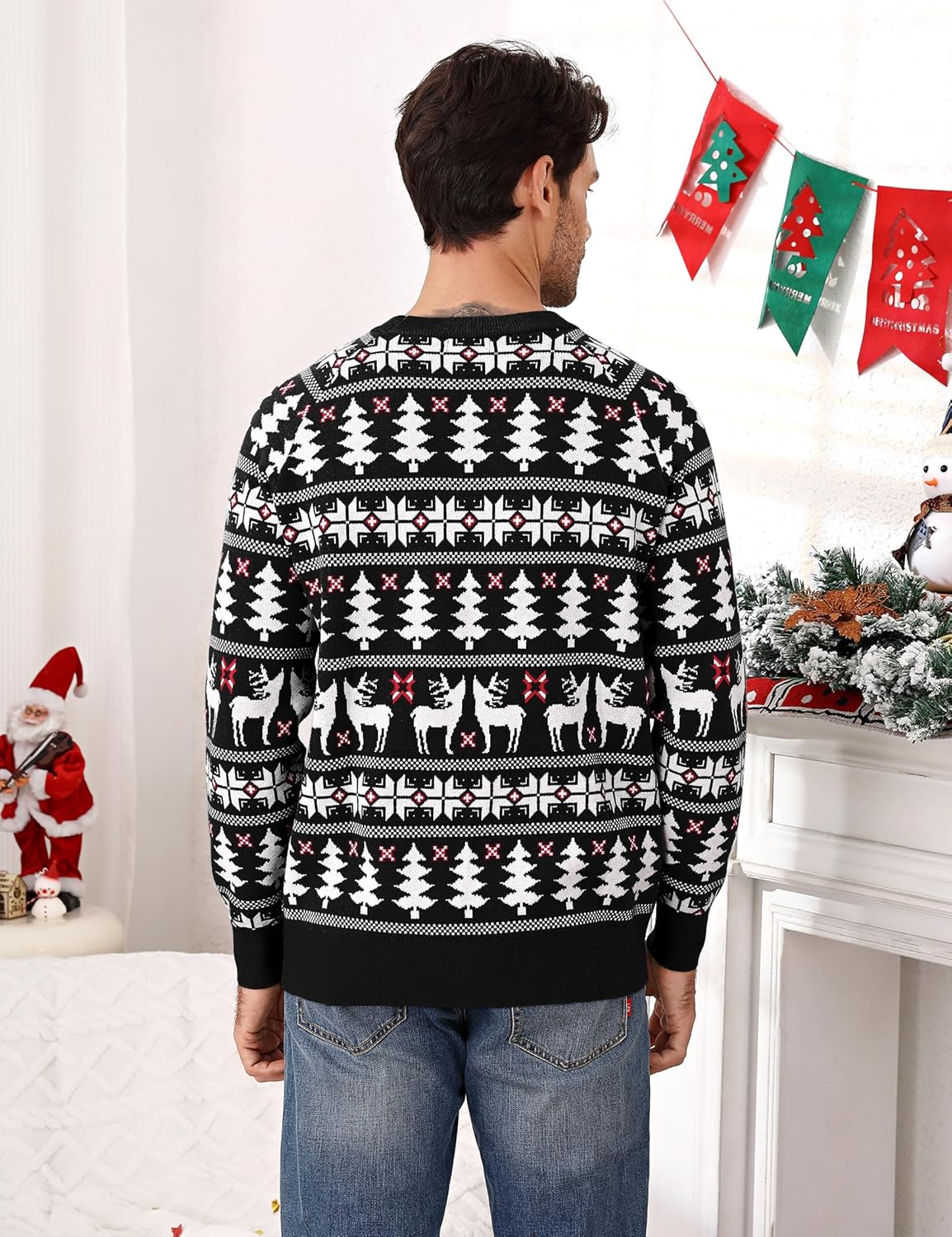 MISSKY Family Christmas Sweater Reindeer Snowflake Pattern Crew Neck Holiday Pullover Knitwear