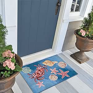 Liora Manne Esencia Machine Washable Non-Slip Low Profile Indoor/Outdoor Mat-Transitional, Coastal, Seashell, Whimsical, Shell We Dance Aqua 2' x 2'10"