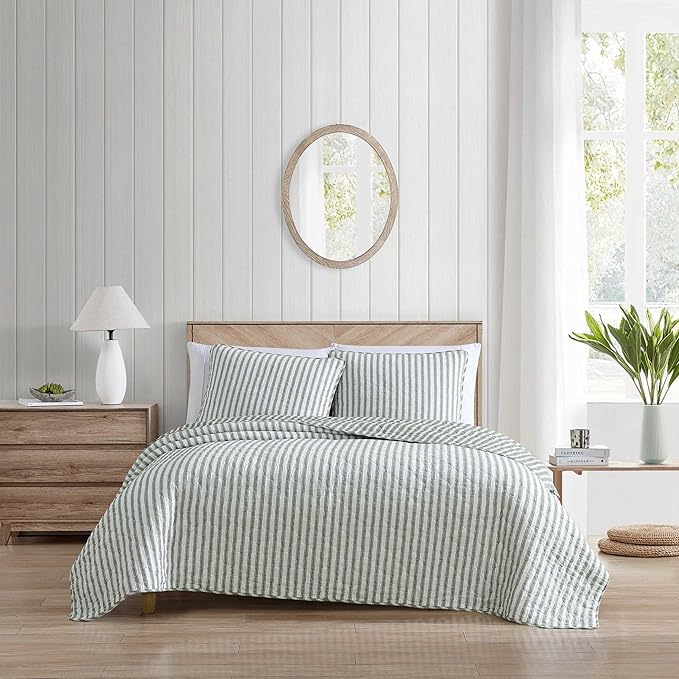 Stone Cottage - King Quilt Set, Reversible Cotton Bedding with Matching Shams, Striped Ideal Bedding Set (Willow Way Green, King)
