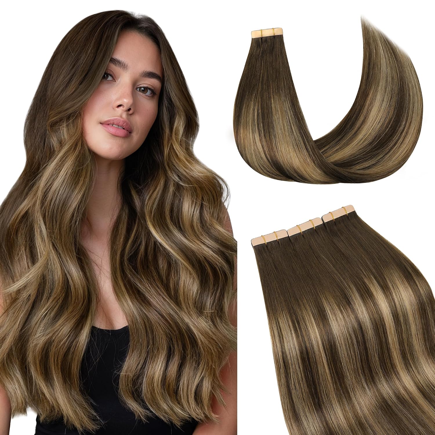 GOO GOO Tape in Hair Extensions Human Hair, 4/27/4 Balayage Chocolate Brown to Caramel Blonde, 20inch 150g 60pcs, Skin Weft Seamless Invisible, Silky Straight with Thick Ends, Remy Human Hair