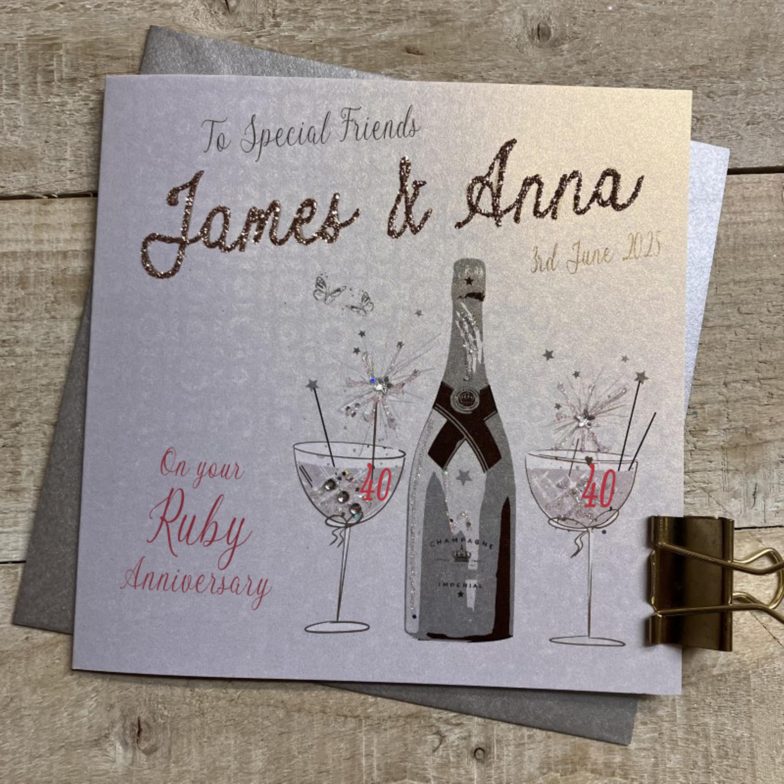 WHITE COTTON CARDS PERSONALISED - RUBY 40TH ANNIVERSARY CARD - SPECIAL FRIENDS SILVER & GOLD CHAMPAGNE BOTTLE & GLASSES DESIGN (P24-15-40SF & XP24-15-40SF)