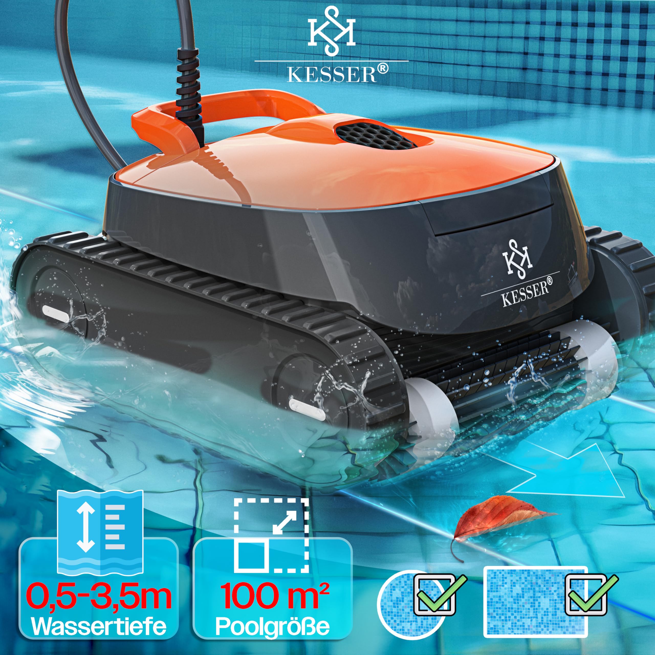 KESSER Robot de piscine pour sol et mur jusqu'à 100 m², nettoyage de ligne d'eau, nettoyeur automatique de piscine avec fonction application et module de commande, aspirateur pour piscine encastrée