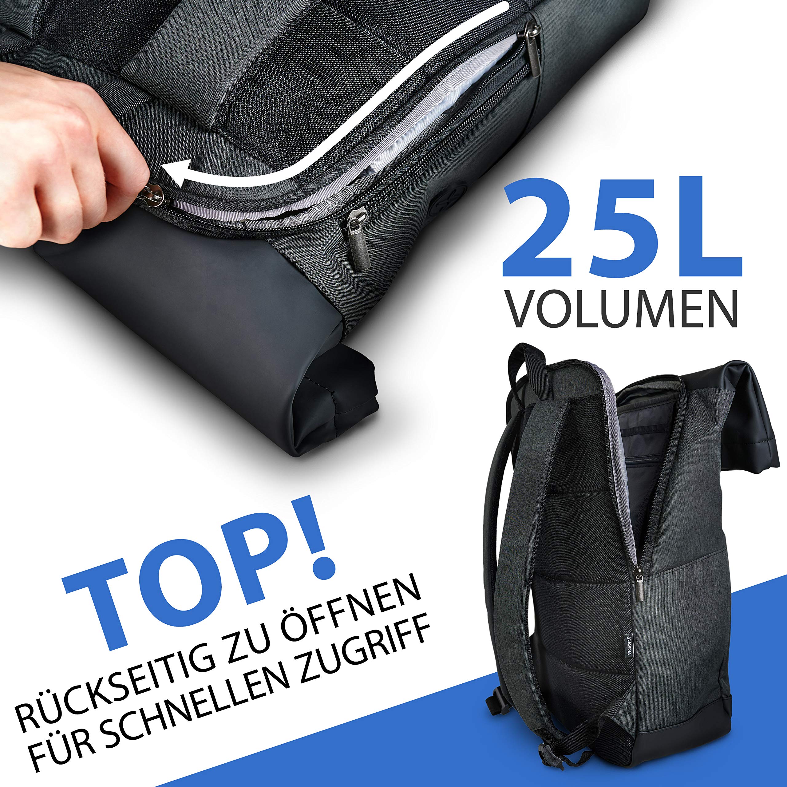 Wenter.S Rolltop Rucksack großer Kurierrucksack 25–30L anthrazit viele Taschen innen und aussen