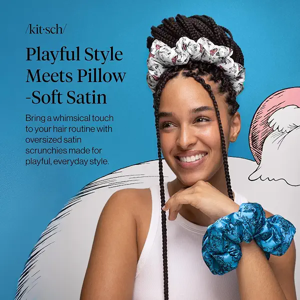 The Cat in the Hat x Kitsch Pillow Satin Scrunchies - Thing 1 Thing 2 | Wake Up Frizz-Free, No Crease Large Hair Ties, Softer Than Silk Scrunchies, Stylish Hair Accessories For All Hair Types 2