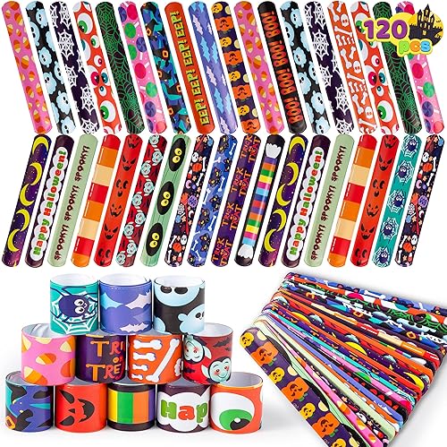 JOYIN 120 pulseras de bofetada de Halloween para niños, 24 diseños de pulseras para decoraciones de Halloween, rellenos de bolsas de golosinas de