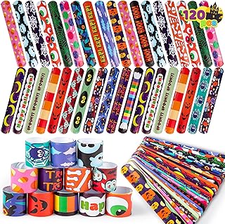 JOYIN 120 PCS Halloween Slap Bracelets Party Favors for Kids - 24 Designs Bracelets for Halloween Decorations, Halloween Treat Bag Stuffers, Non-candy Gift