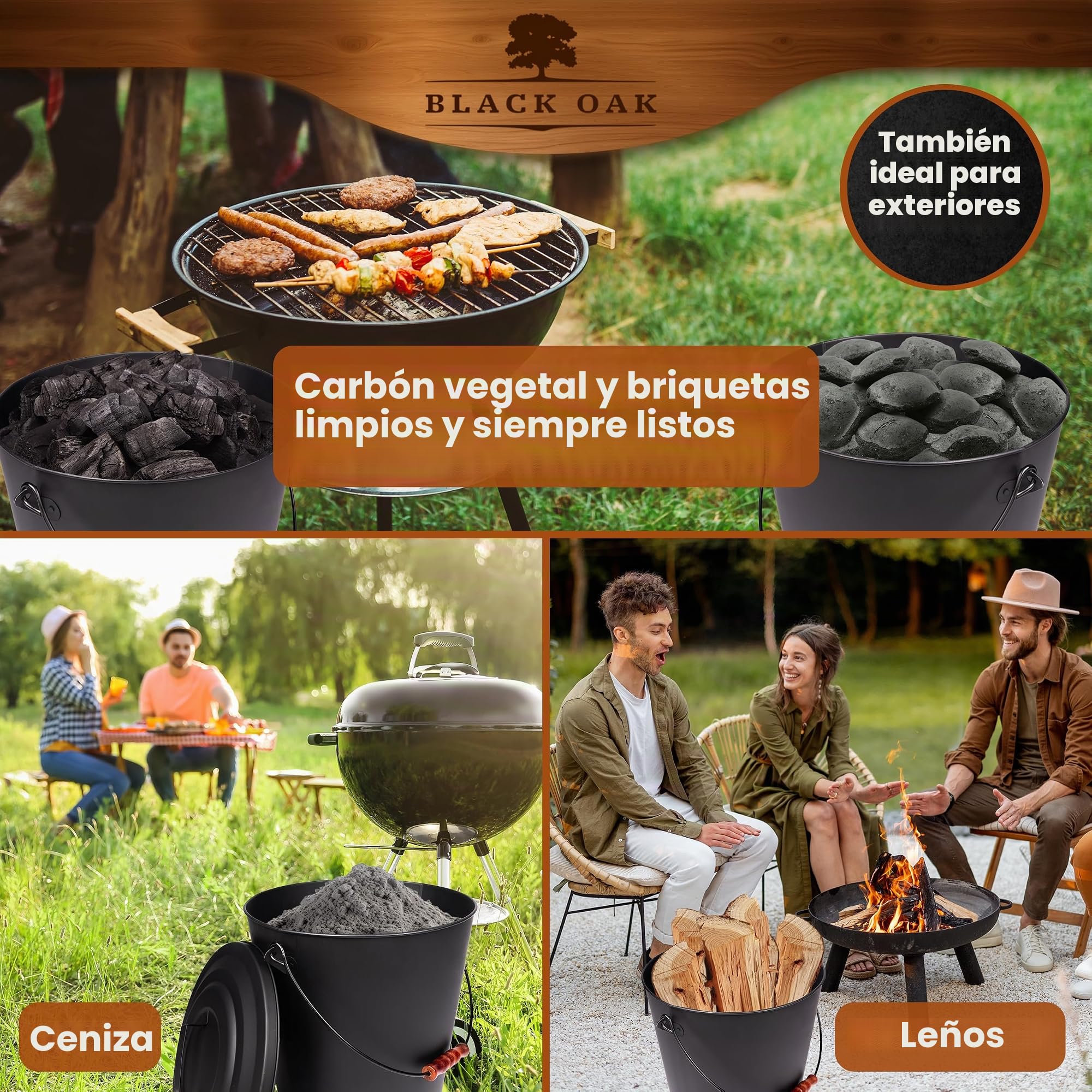 BLACK OAK Cubo de cenizas Santorini, 25 l, negro con tapa, XXL, extra grande, 25 litros, acero galvanizado a prueba de fuego, con recubrimiento de polvo, ceniza y carbón, accesorio ideal para chimenea