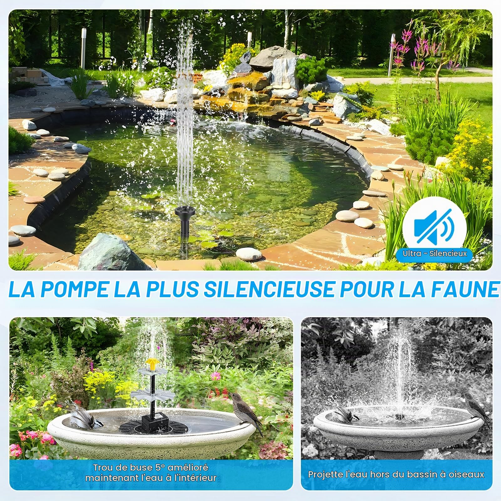 10W Fontaine Solaire, avec Batterie 1500mAh, Pompe Solaire pour Fontaine 250L/h 9 Buses Hauteur 90cm, Kit Fontaine Solaire pour Bassin de Jardin, Piscine, Aquarium, Baignoire à Oiseaux