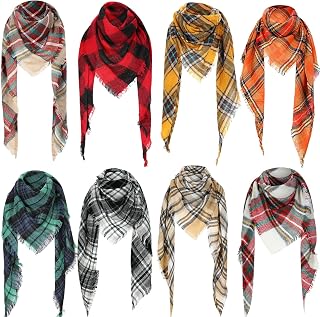 8 Pcs Women Triangle Scarf Winter Plaid Scarf Tassel Tartan Long Shawl Soft Fall Winter Wraps Chunky Warm Oversized Scarf