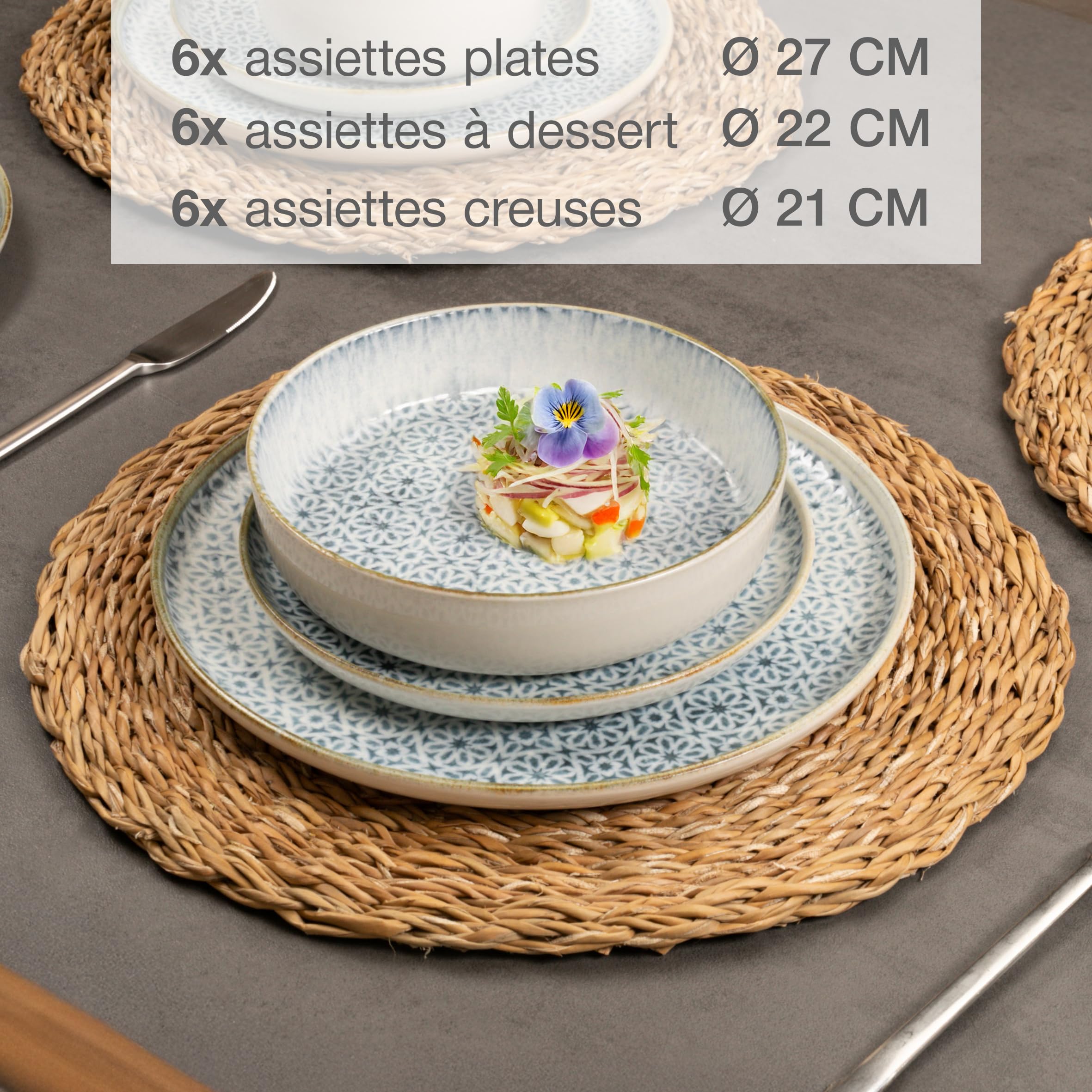 Moritz & Moritz ALHAMBRA Service de table 6 personnes 18 pièces en porcelaine de haute qualité - Service de table moderne en bleu - Ensemble de vaisselle facile à entretenir avec 6 assiettes plates, 6