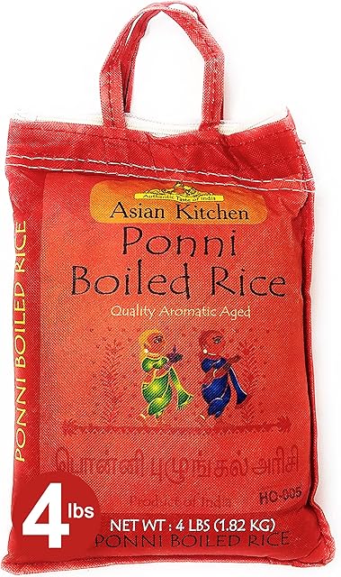 Asian Kitchen Ponni Boiled Rice 4-Pound Bag, 4lbs (1.81kg) Short Grain Par Boiled Rice ~ All Natural | Gluten Friendly | Vegan | Indian Origin | Export Quality