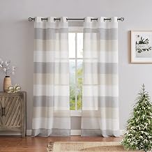 Central Park Tan and Spa Blue Stripe Sheer Color Block Window Curtain Panel Linen Window Treatment for Bedroom Living Room Farmhouse 63 inches Long with Grommets, 2 Panel Rustic Drapes