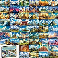 WAKLYVER 50 Retro Illustrated World Landmark Postcards - 4x6 Travel Poster Set with 300 Sticky Dots for Wall Decor, Mailing & Collecting
