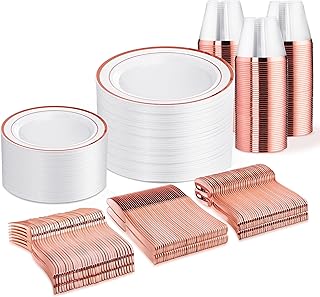 WELLIFE 450 PCS Rose Gold Disposable Dinnerware Set for 75 Guests, Mothers Day Plates, 75 Dinner & Salad Plate, Cups, Forks Knives Spoons for Wedding Reception and Valentine's Day