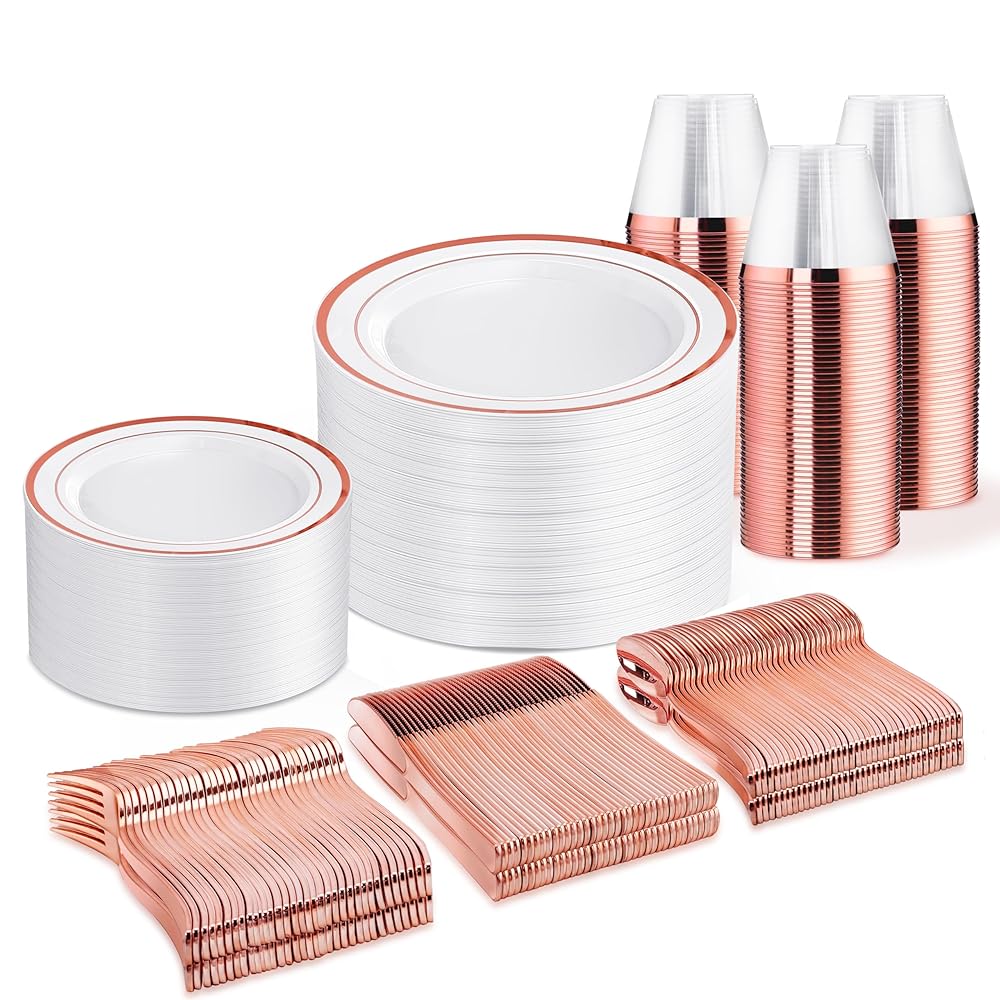 WELLIFE 450 PCS Rose Gold Disposable Dinnerware Set for 75 Guests, Mothers Day Plates, 75 Dinner & Salad Plate, Cups, Forks Knives Spoons for Wedding Reception and Valentine\'s Day