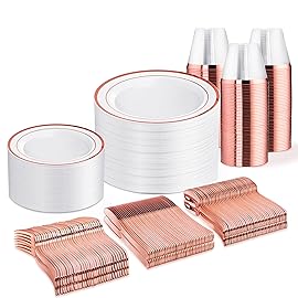 WELLIFE 450 PCS Rose Gold Disposable Dinnerware Set for 75 Guests, Mothers Day Plates, 75 Dinner & Salad Plate, Cups, Forks Knives Spoons for Wedding Reception and Valentine\'s Day