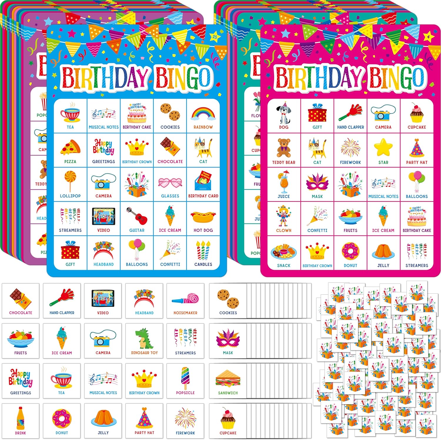 SpriteGru Birthday Bingo Game, 25PCS Bingo Board Card, 25 Players Birthday Party Game Set for Kids or Adults, Party Favor Decoration Supplies