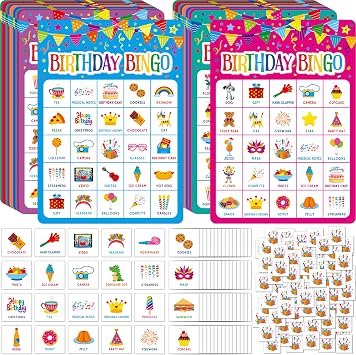 SpriteGru Birthday Bingo Game, 25PCS Bingo Board Card, 25 Players Birthday Party Game Set for Kids or Adults, Party Favor Decoration Supplies