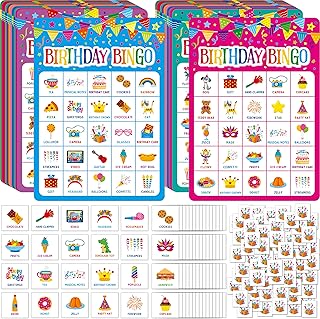 SpriteGru Birthday Bingo Game, 25PCS Bingo Board Card, 25 Players Birthday Party Game Set for Kids or Adults, Party Favor Decoration Supplies