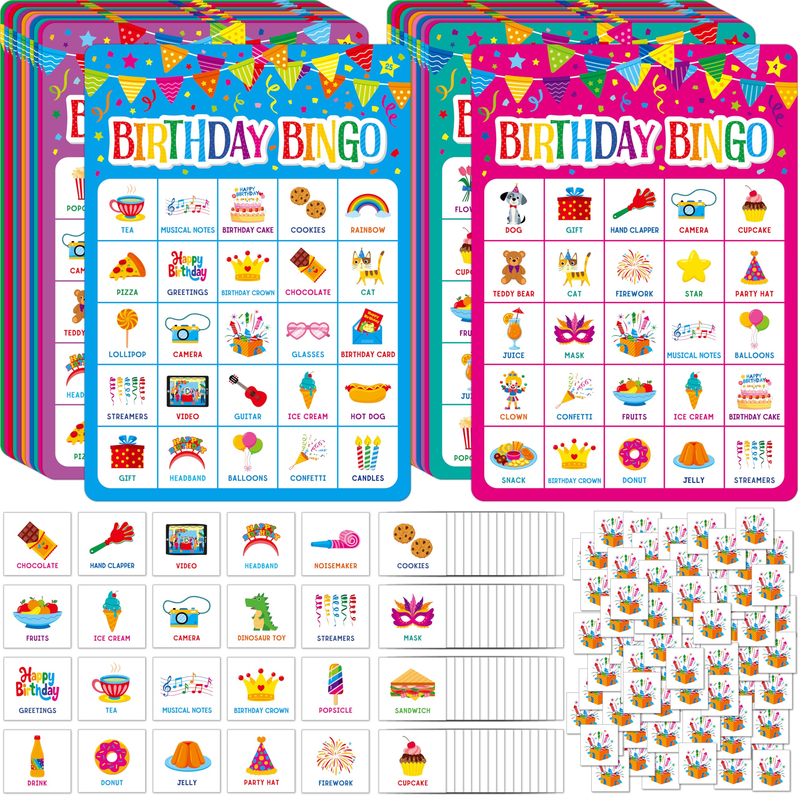 SpriteGru Birthday Bingo Game, 25PCS Bingo Board Card, 25 Players Birthday Party Game Set for Kids or Adults, Party Favor Decoration Supplies