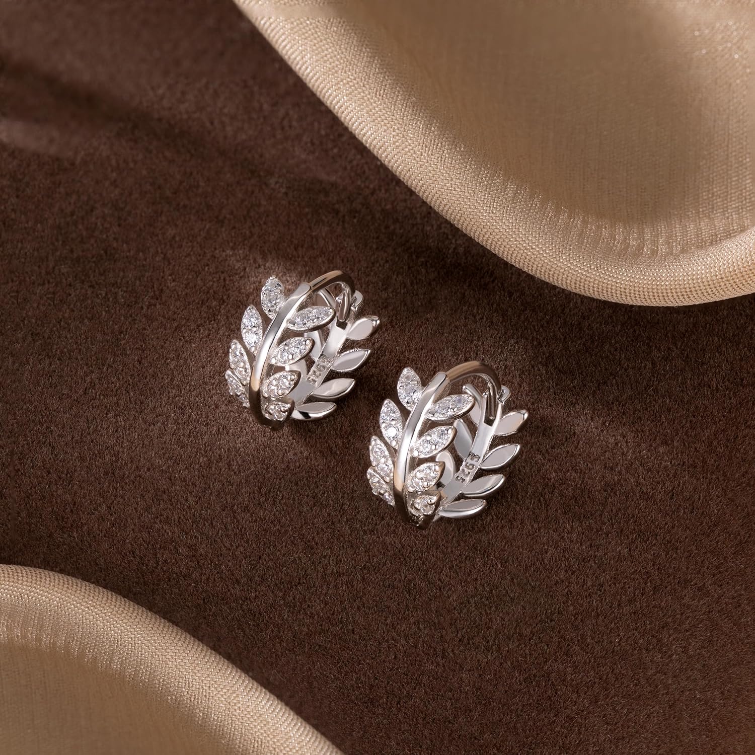 SLUYNZ Sterling Silver CZ Leaf Hoop Earrings for Women Teens Dainty Olive Leaf Hoop Earrings Huggie