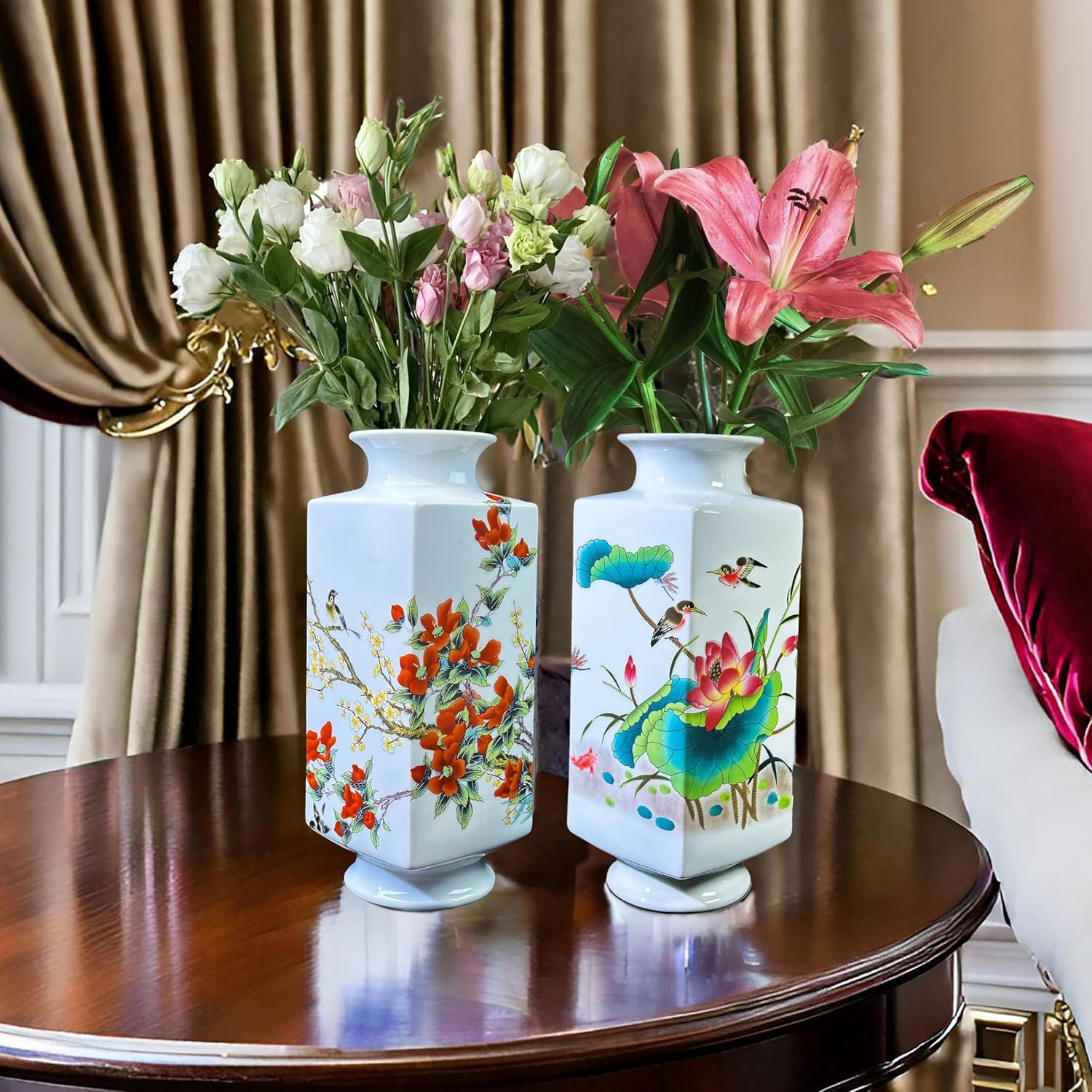 MTME Porcelain Figurines, Jingdezhen Decorative Flower vase, Home Decor, Wedding Gifts, Aesthetic Sculpture Home décor (red Flowers)