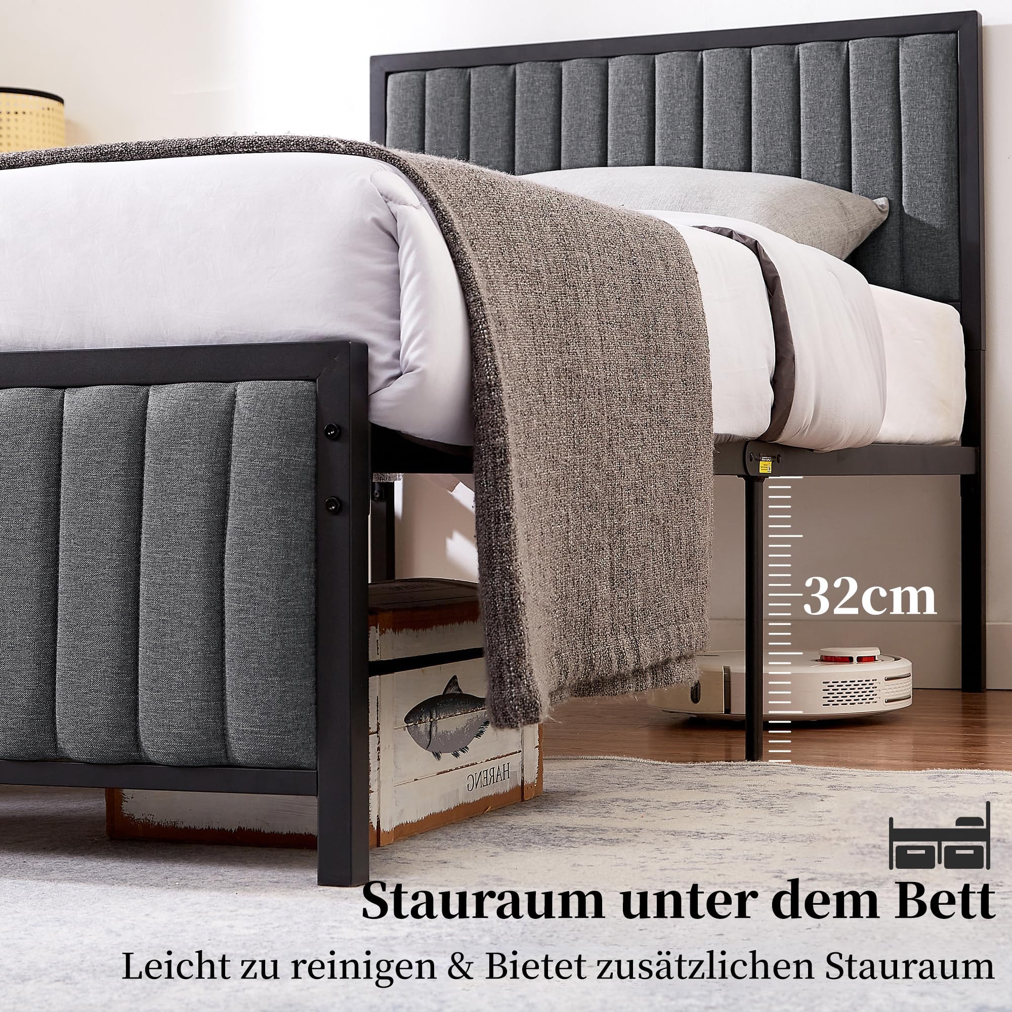 VECELO Bettgestell 140 x 200 cm, Metallbett Doppelbett mit Gepolstertem Kopf- und Fußteil, Bettrahmen mit Lattenrost, 32cm Höhe unter dem Bett, Kein Boxspring Erforderlich, Grau