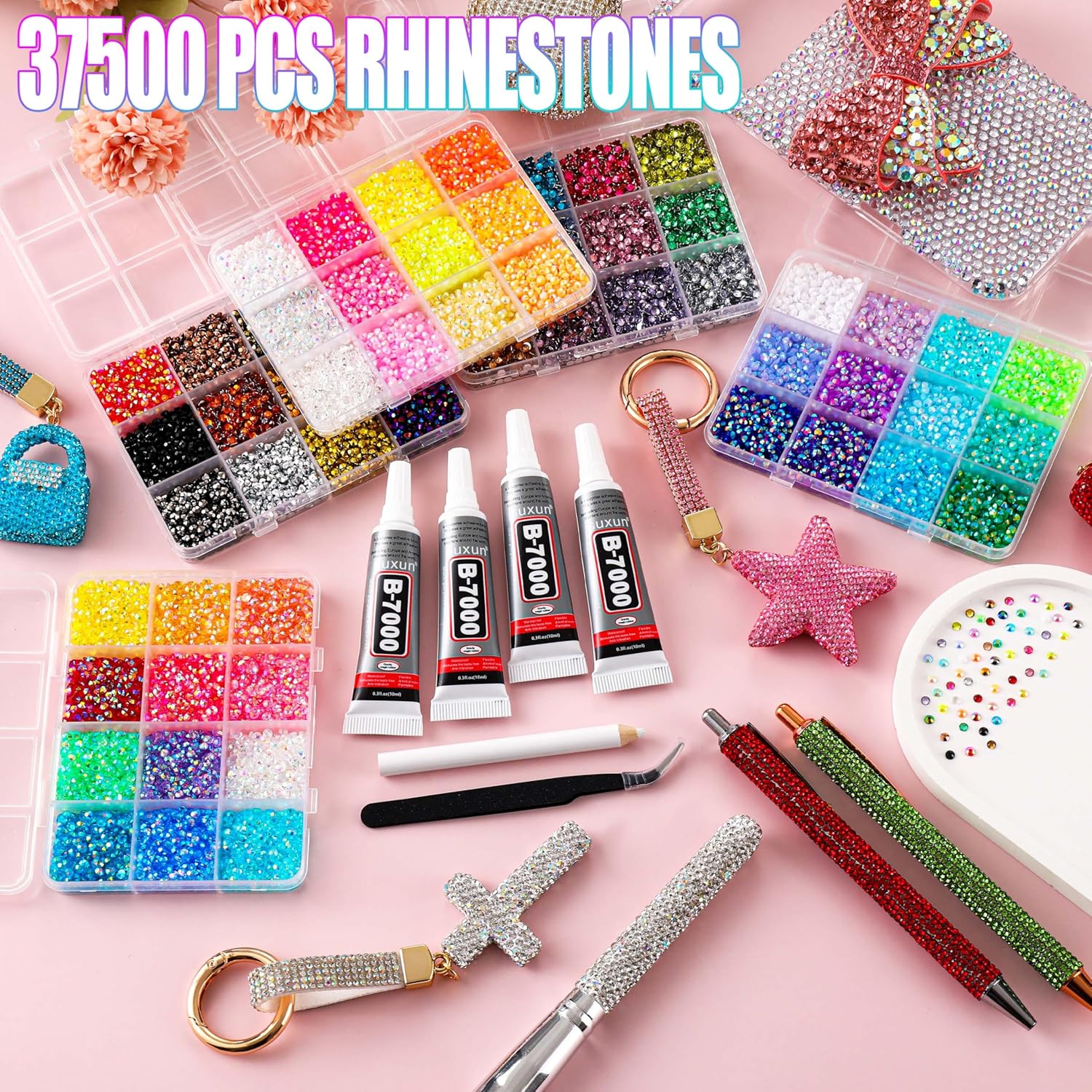 37500Pcs Bedazzling Kit for 60 Colors Rhinestones with 5 Box Diamond Art, 3mm Flatback Gems with 4×10ml B7000 Jewelry Glue Tweezers & Pickup Pen, Perfect for Nail Art, Crafting, Clothing