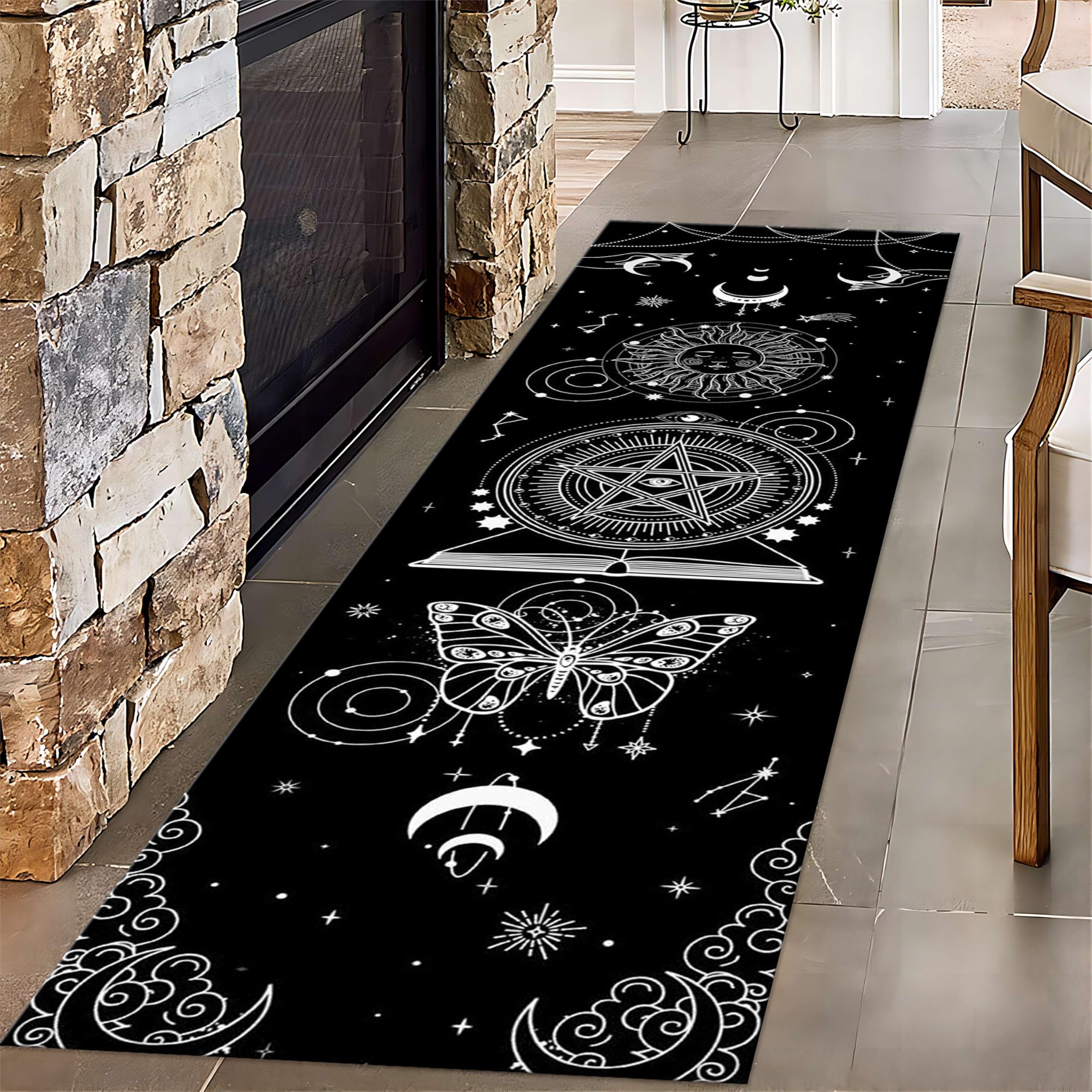Bycmuoz Gothic Sun and Moon Runner Rug for Entryway, 60x240cm Boho Celestial Witchcraft Black White Print Indoor Throw Mat, Durable with Non-Slip Backing Playing Mat for Office Porch Floor — image 1