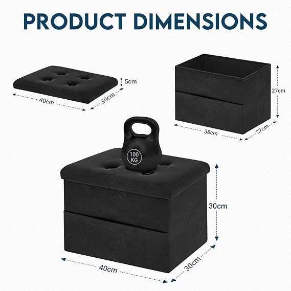 LOFTEY Small Ottoman Storage Box, Foldable Foot Stool with Lid, Black | 27.7L Storage With Side Pocket, Soft Velvet Top, 100 kg Seating Capacity, Folds Flat to 5cm for Storage, 40 x 30 x 30 cm