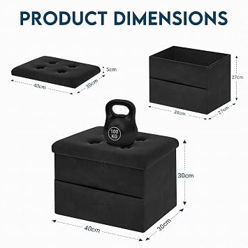 LOFTEY Small Ottoman Storage Box, Foldable Foot Stool with Lid, Black | 27.7L Storage With Side Pocket, Soft Velvet Top, 100 kg Seating Capacity, Folds Flat to 5cm for Storage, 40 x 30 x 30 cm