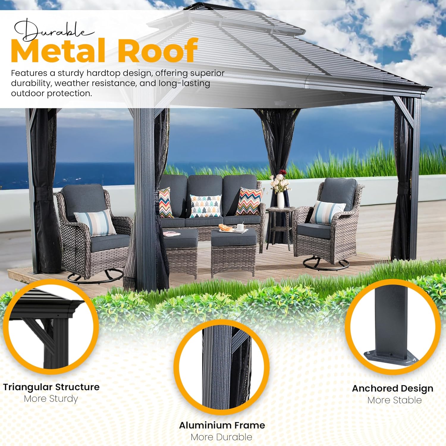 Hardtop Gazebo with Galvanized Steel Double Roof, Rustproof Aluminum Frame, Privacy Netting, and All-Weather Outdoor Shelter, Dark Grey (10x14)