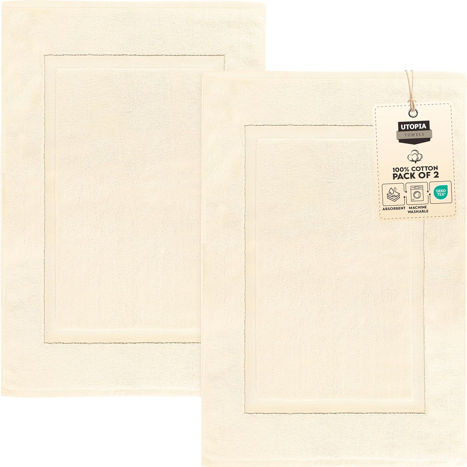 Utopia Towels Cotton Banded Rug, Bath Mats, Not a Bathroom Rug, 21 by 34 Inches, 100% Ring Spun Cotton, Highly Absorbent Shower Bathroom Floor Mat, Ivory, 2 Pack
