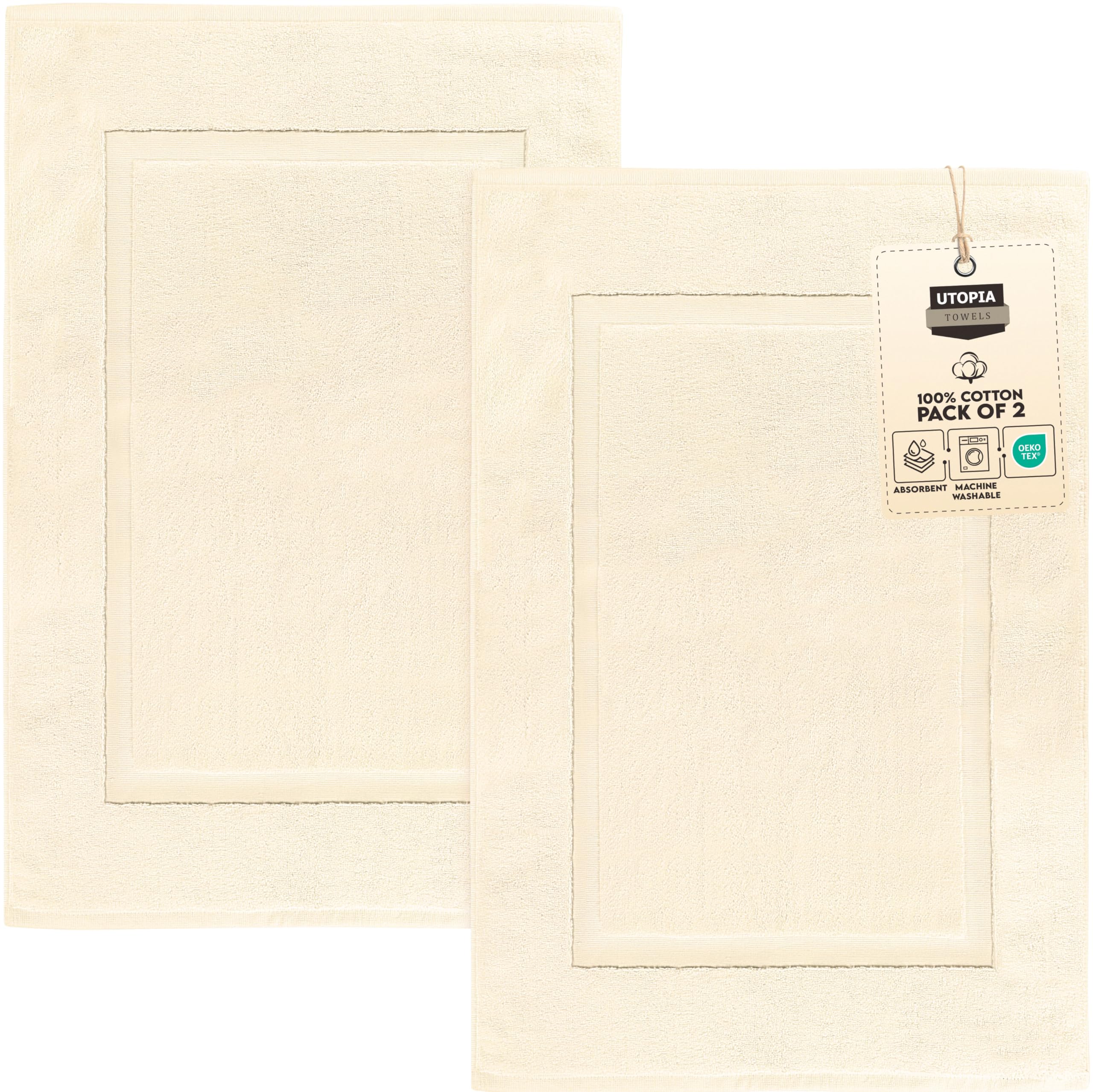 Utopia Towels Cotton Banded Rug, Bath Mats, Not a Bathroom Rug, 21 by 34 Inches, 100% Ring Spun Cotton, Highly Absorbent Shower Bathroom Floor Mat, Ivory, 2 Pack