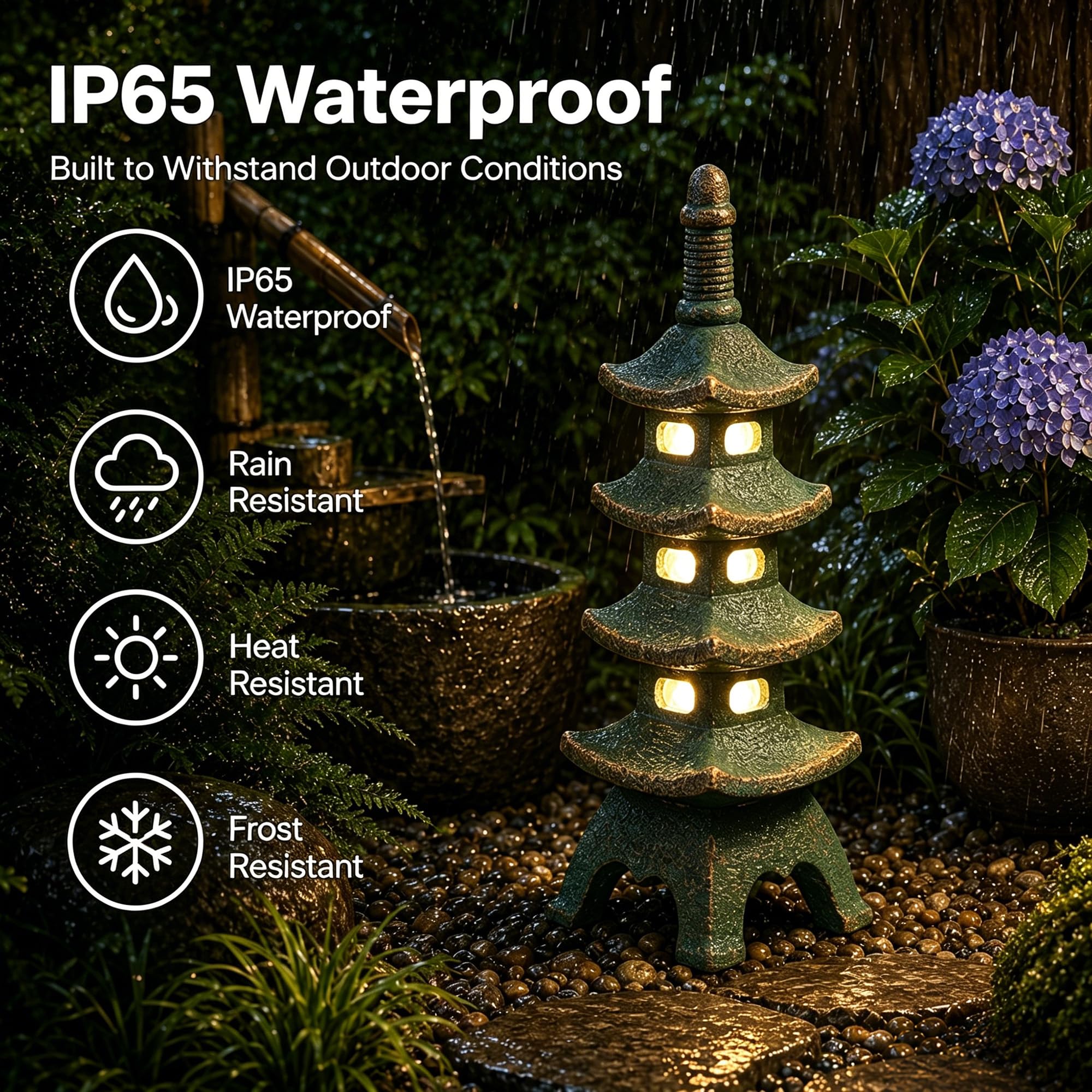 Nacome Statues de jardin de pagode solaire : 40 cm en résine imperméable multi-couches pour extérieur, décoration zen pour paysage, balcon, terrasse, porche, cour (bronze)