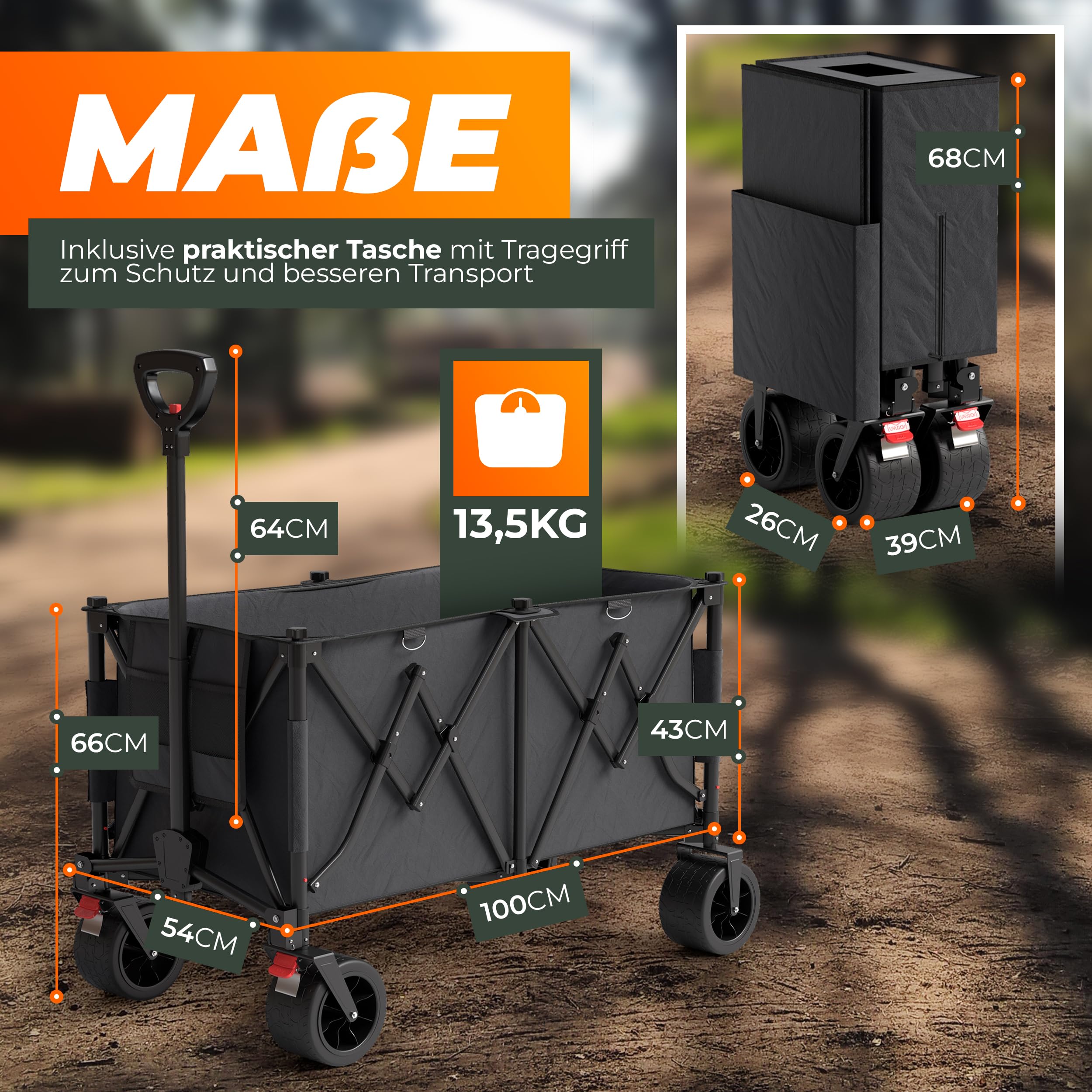BigDean XXL Bollerwagen faltbar mit Dach 260L belastbar 150kg Dicke Reifen | Robuster Bollerwagen faltbar extra breite Reifen für jedes Gelände