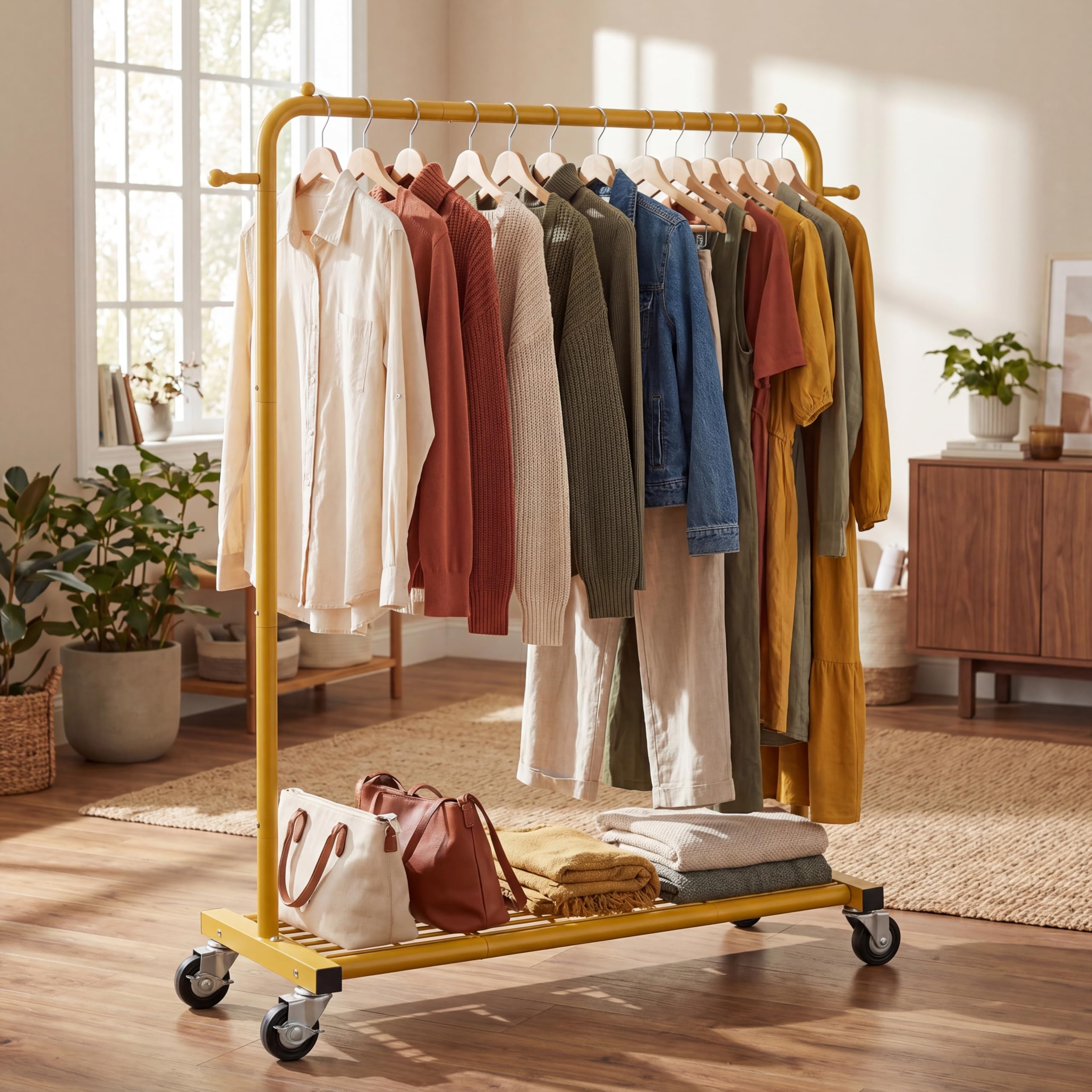 Sywhitta - Perchero con ruedas y estante inferior de malla, estructura metálica resistente, para ropa, abrigos y faldas, 101 x 40,6 x 164 cm (largo x ancho x alto), dorado