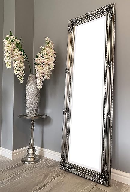DOWNTON INTERIORS Beautifully Tall & Ornate ANTIQUE SILVER Vintage Style Dressing Wall Mirror with Bevelled Glass - Overall Size: 56 inches x 18 inches (142 cm x 47 cm)