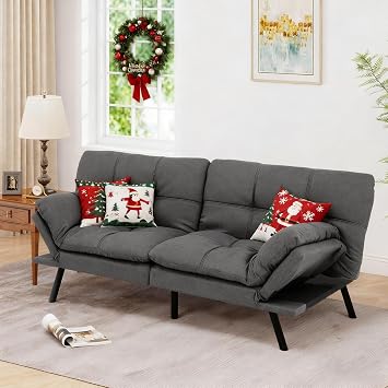 MUUEGM 71" Futon Sofa Bed with Memory Foam,Futon Couch with Adjust Backrest and Armrest, Couches Bed for Living Room,Studios, Apartments, Dormitories, Offices and Game Rooms. Dark Gray Sofa Bed