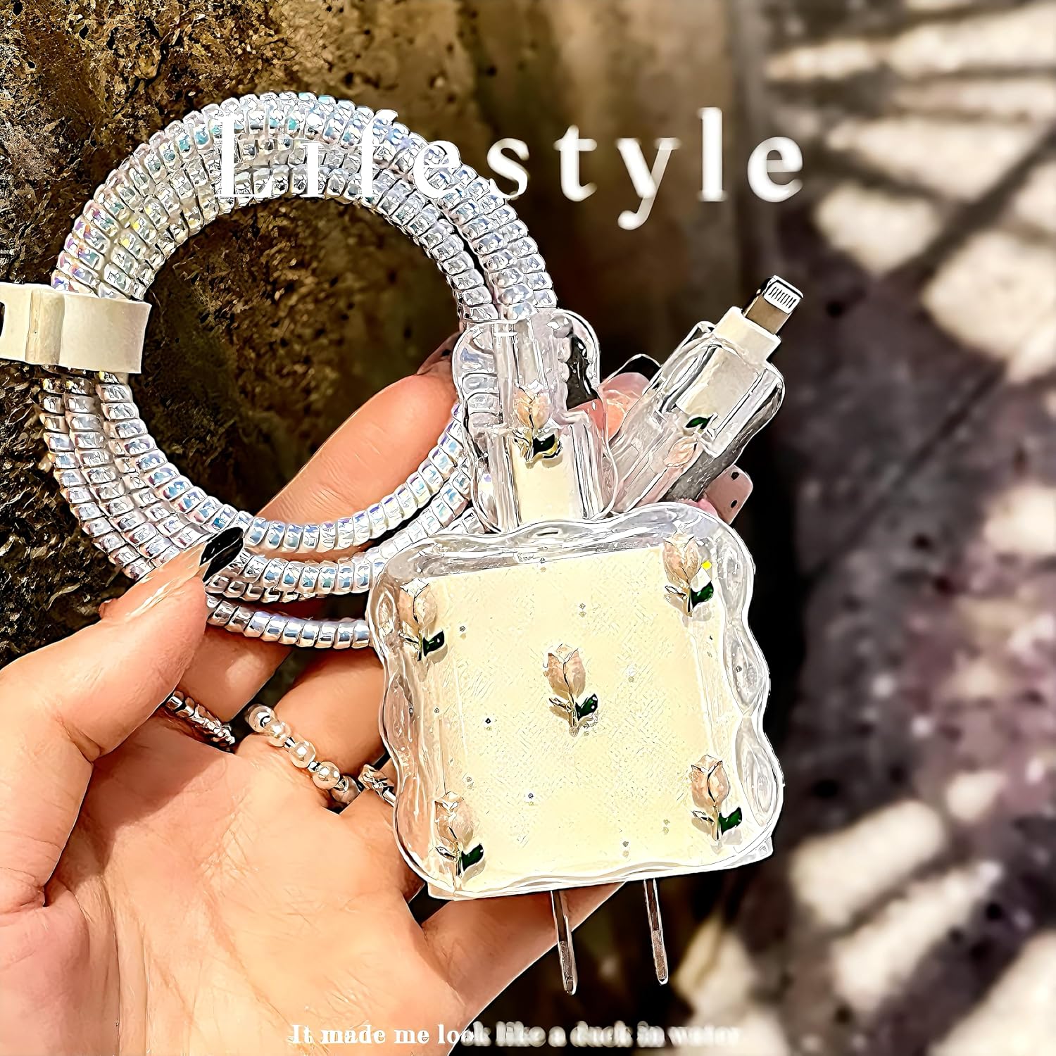 Charger Cover for iPhone 18W/20W Charging Cord Protector,Cute Flower Elegant Tulips Design,Clear DIY Soft Charger Cord Protector Cable Saver for iPhone 13 14 15 16 Pro Max Charger Adapter