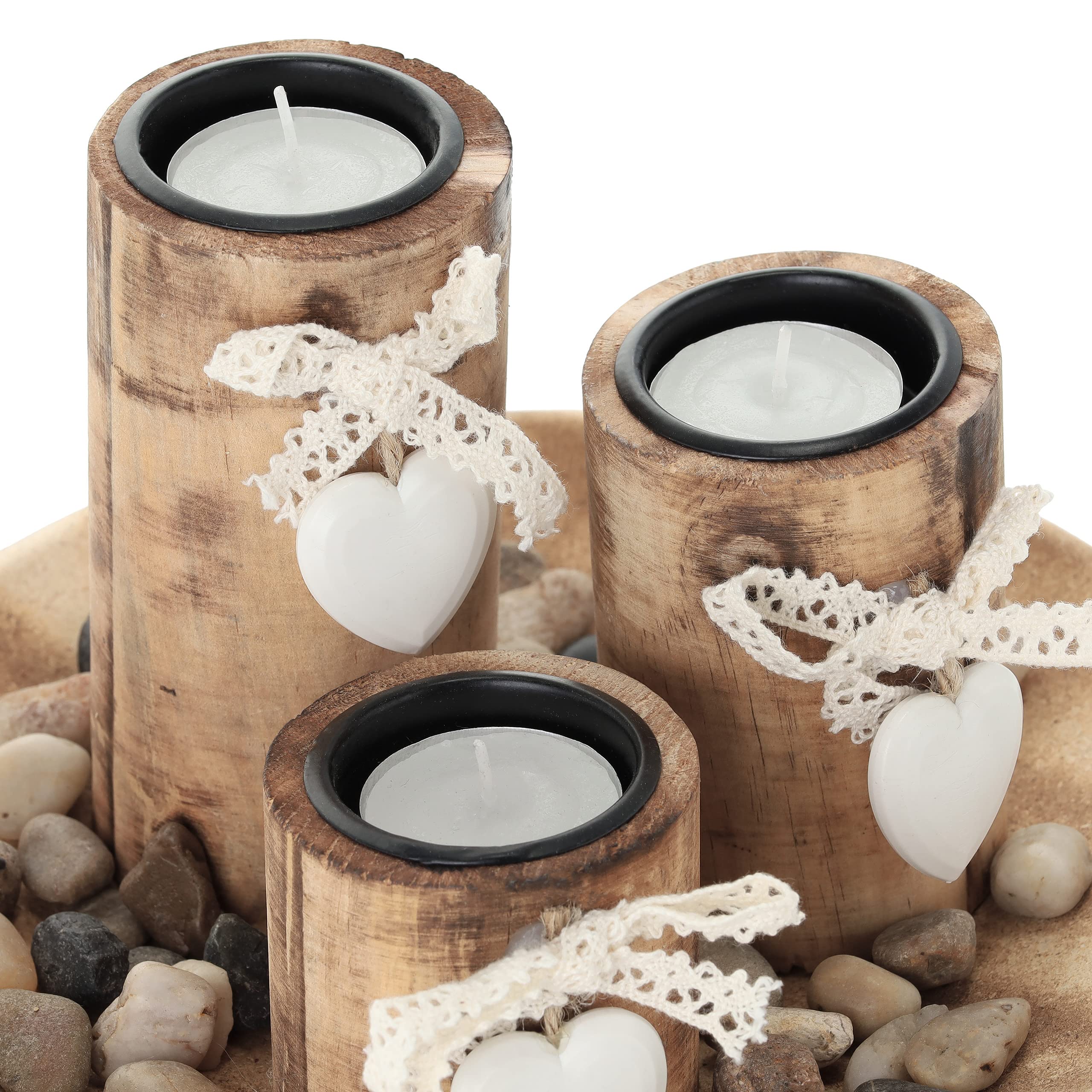 Relaxdays Portacandele, Vassoio e Vasetti, Centrotavola Rotondo, 3 Candeline, Legno di Pino, Cuori, D 21,5 cm, Naturale