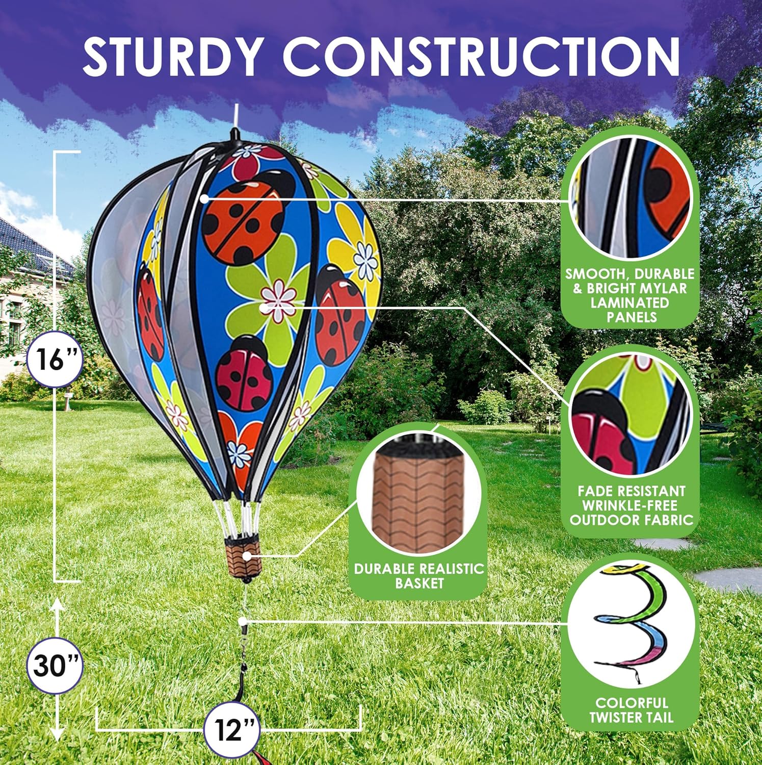 Hot Air Balloon Hanging Garden Spinner 16" - Vibrant Ladybug Design, Weather-Resistant Outdoor Decor, Durable & Lightweight for Patios, Yards, and Gardens - Eye-Catching Wind Spinner